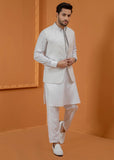 White Embroidered Wash-&-Wear Waistcoat Kurta (3-Piece) - Image 3