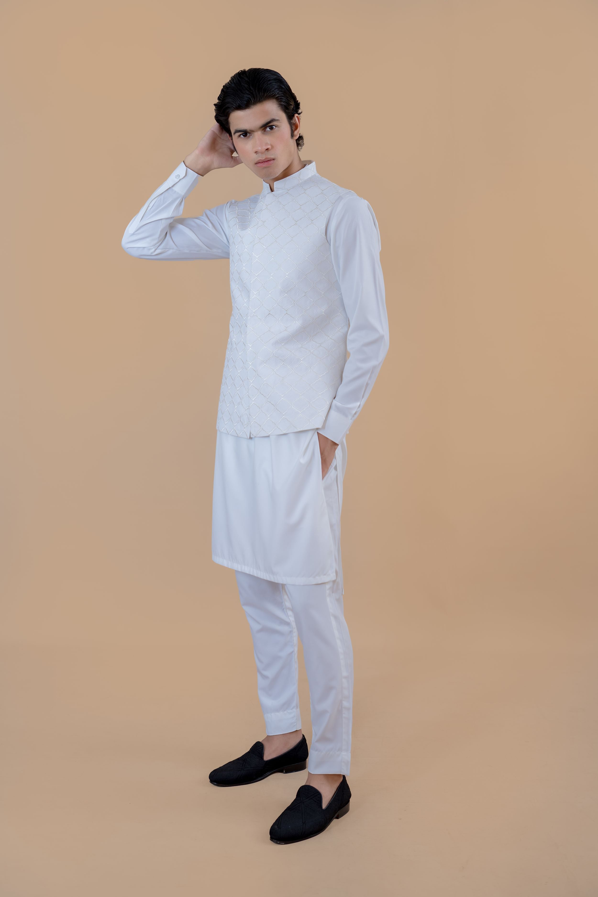 White Embroidered Wash & Wear Waistcoat Kurta (2-Piece) - Image 1