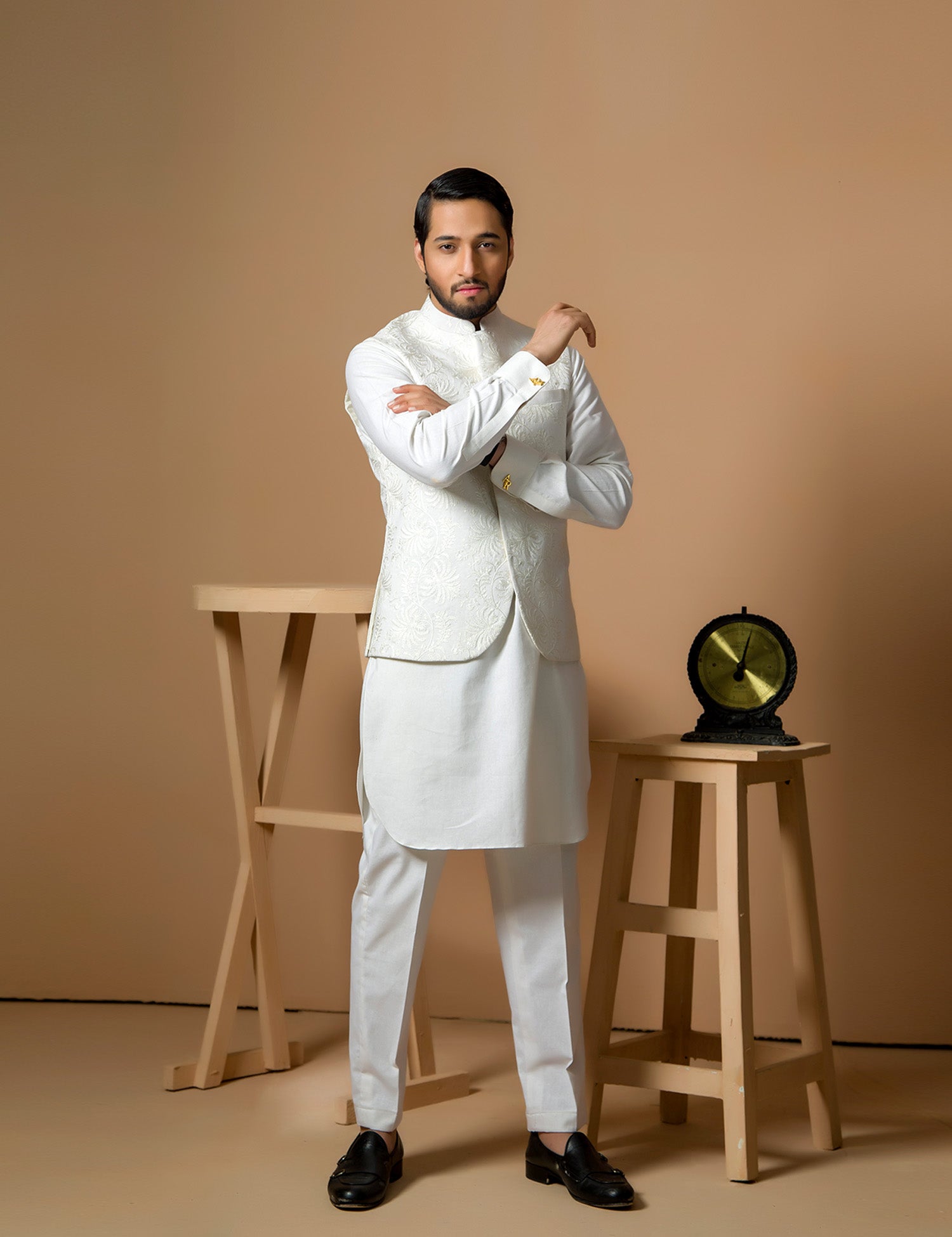 White Embroidered Wash & Wear Waistcoat Kurta (3-Piece) - Image 1