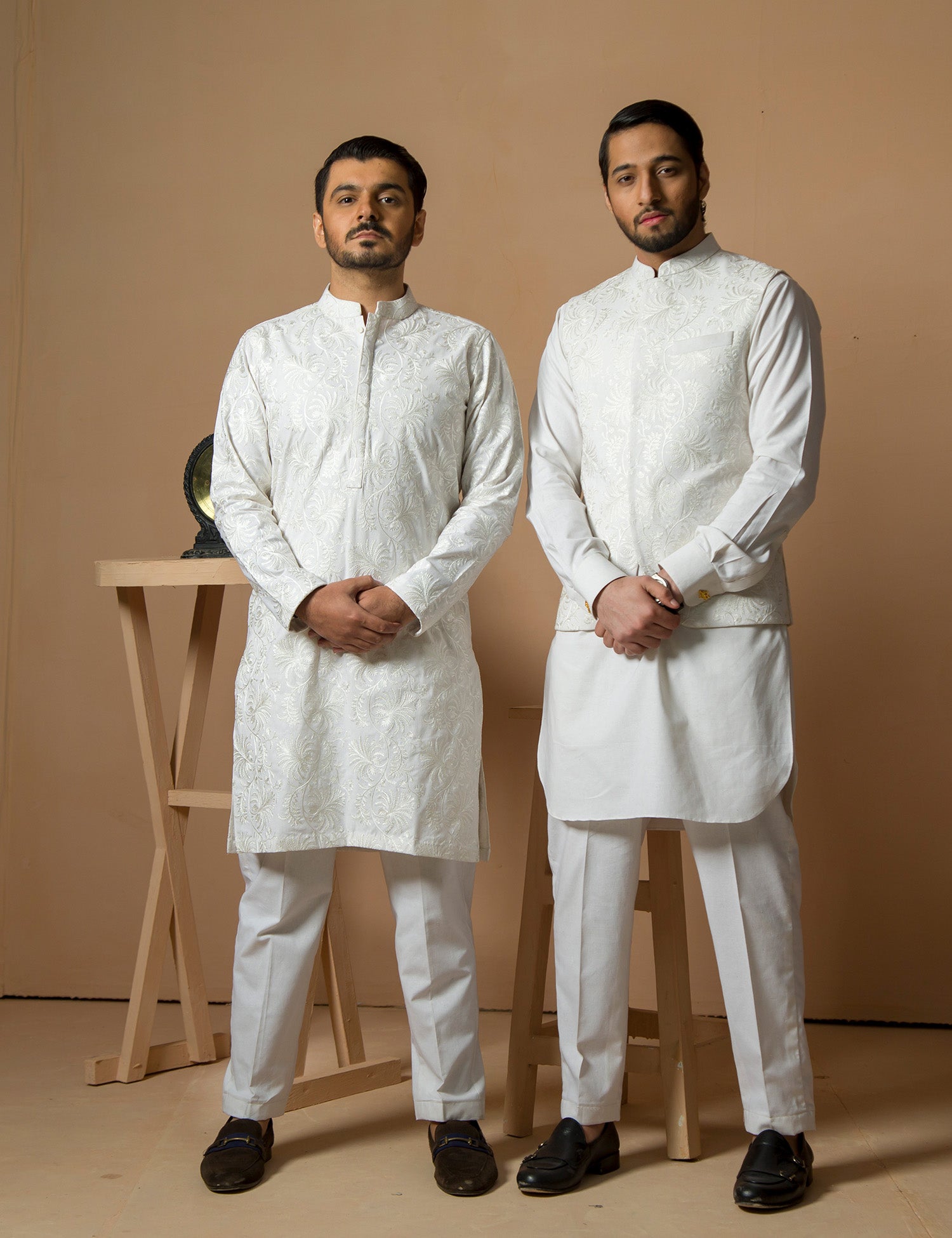 White Embroidered Wash & Wear Waistcoat Kurta (3-Piece) - Image 3