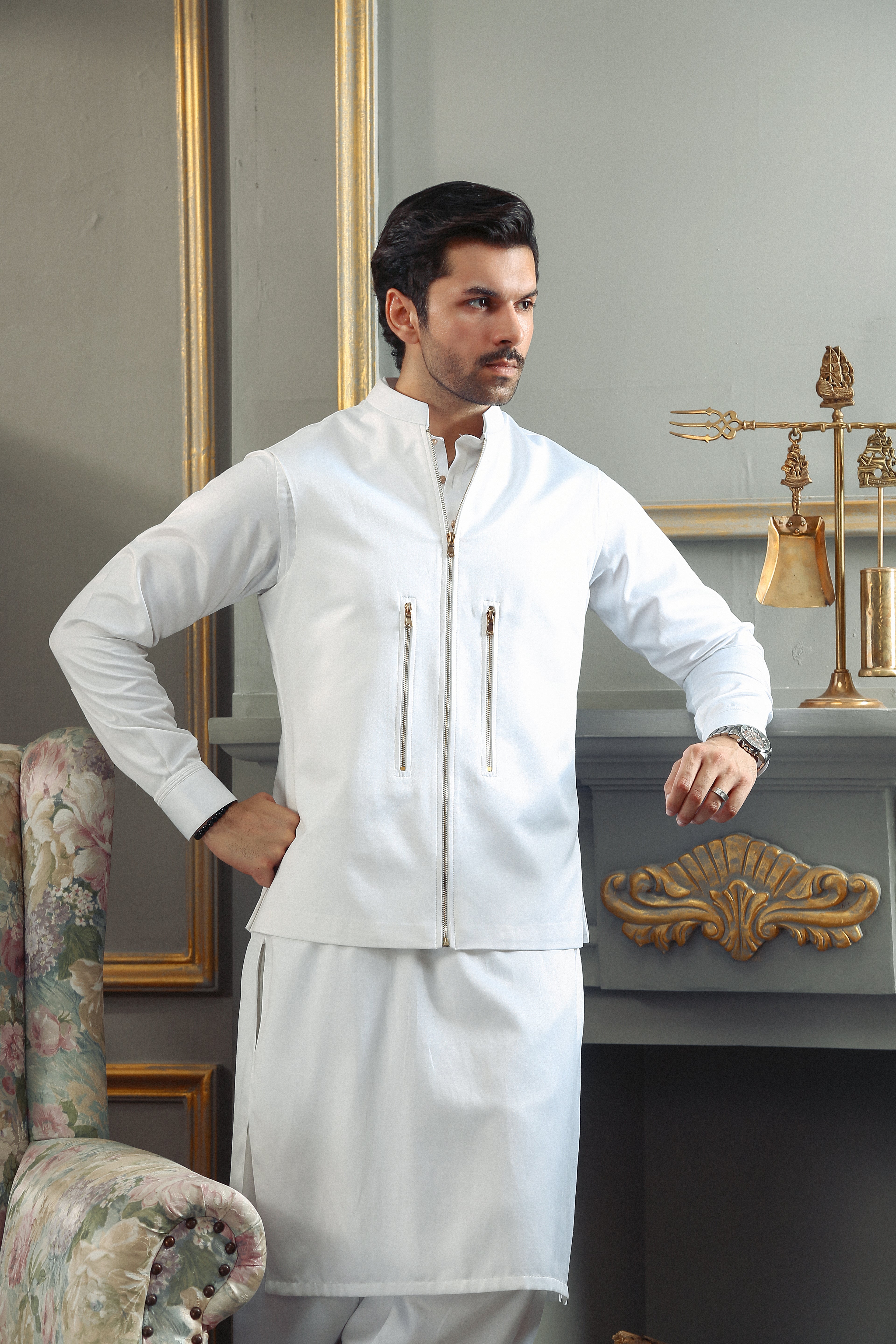 White Yarn-Dyed Cotton Tailored Waistcoat (3-Piece) - Image 1