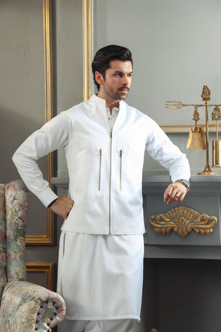 White Yarn-Dyed Cotton Tailored Waistcoat (3-Piece) - Image 2