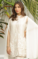 Pearl White Burnout Net & Raw Silk Cape (3-Piece) - Image 3