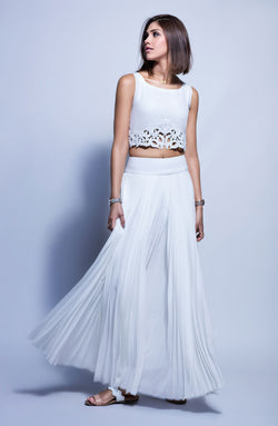 Pakistani White Beaded Cutwork Georgette Crop Top (2-Piece) - Image 1