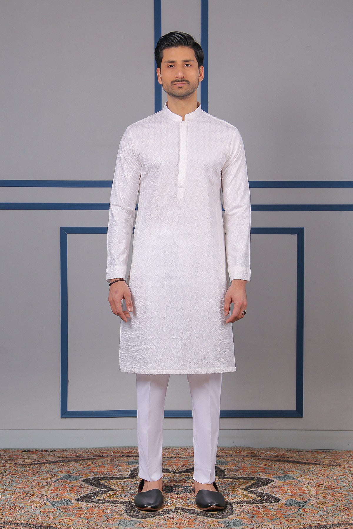 White Schiffli Embroidered Cotton Kurta (2-Piece) - Image 1