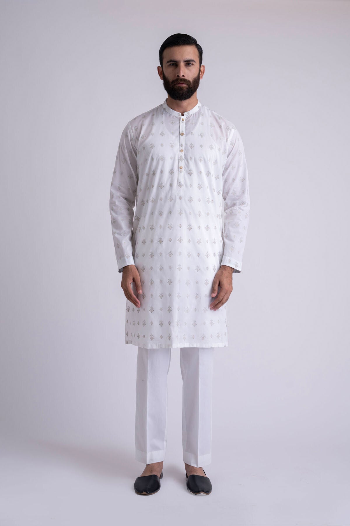 White Embroidered Cotton Kurta (2-Piece) - Image 1