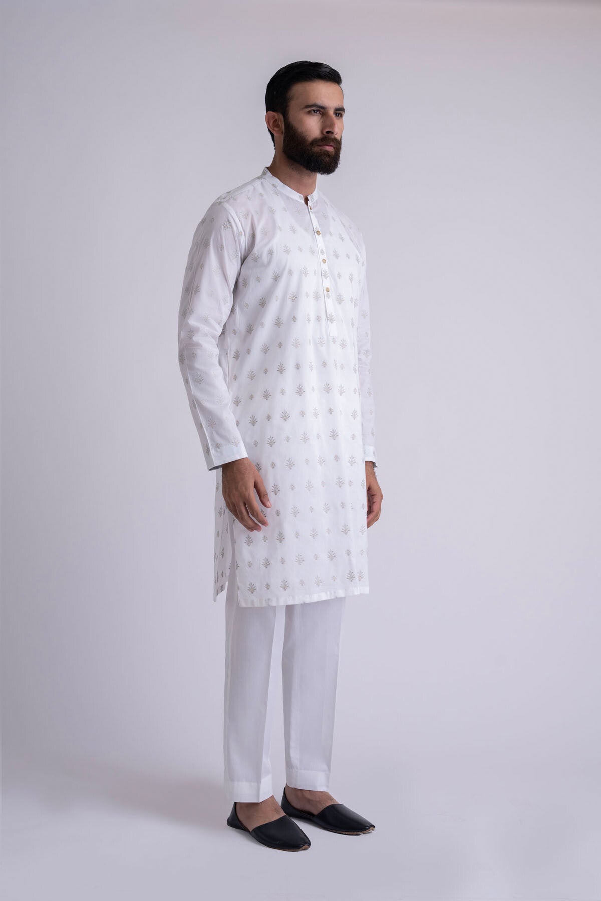 White Embroidered Cotton Kurta (2-Piece) - Image 3