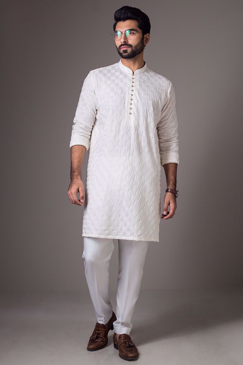 White Embroidered Raw Silk Kurta (2-Piece) - Image 1