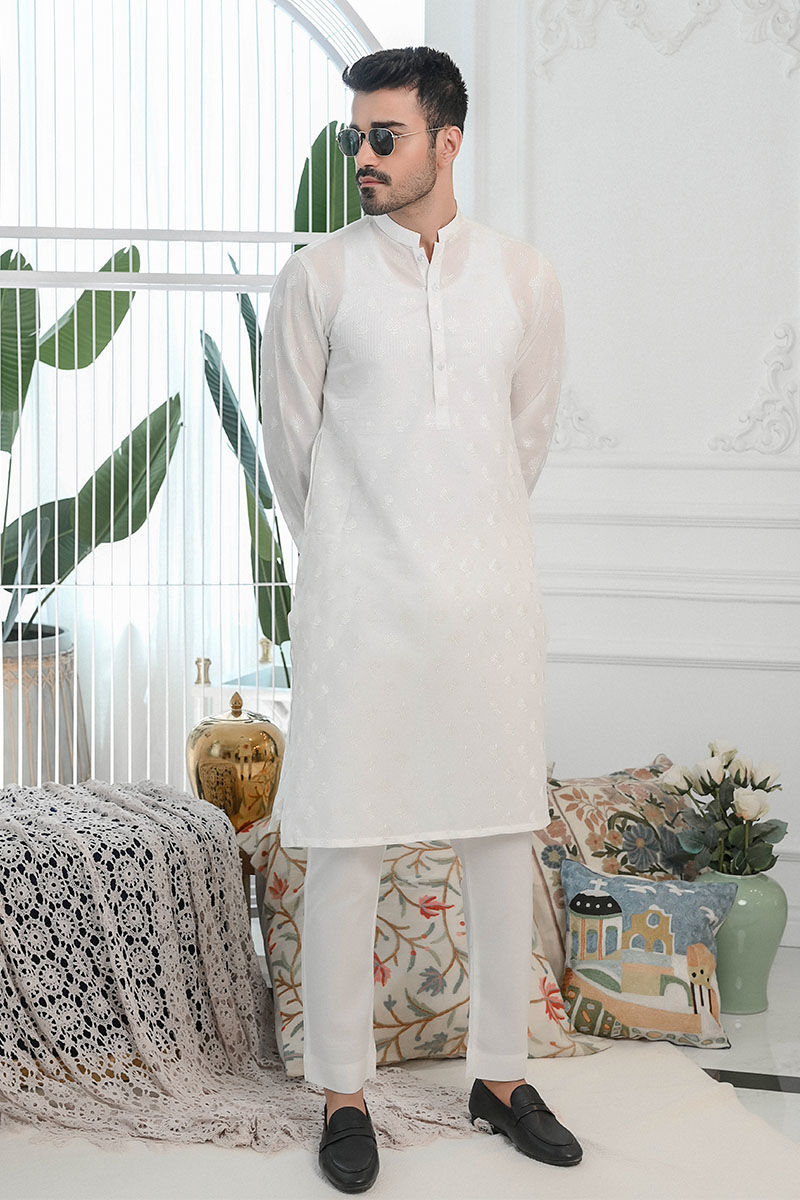 White Schiffli Cotton Embroidered Kurta (2-Piece) - Image 1