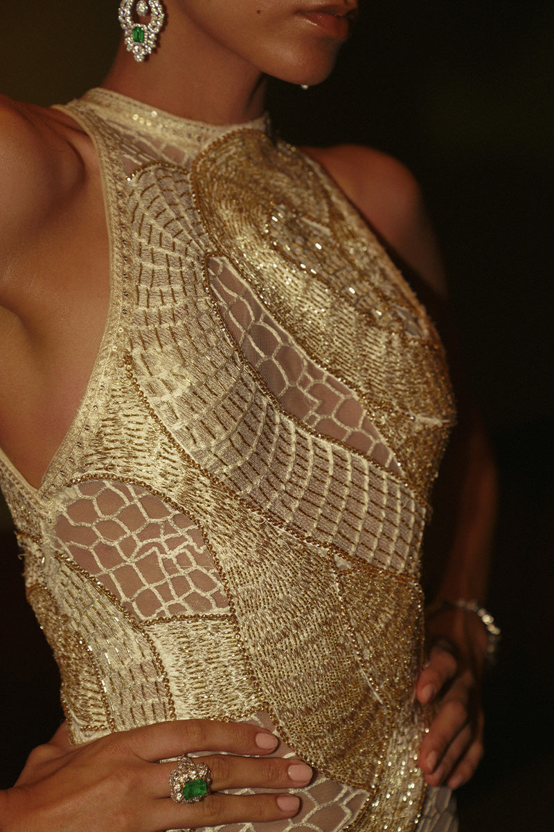 Pakistani White & Gold Embroidered Sheer Tulle Gown (1-Pc) - Image 4