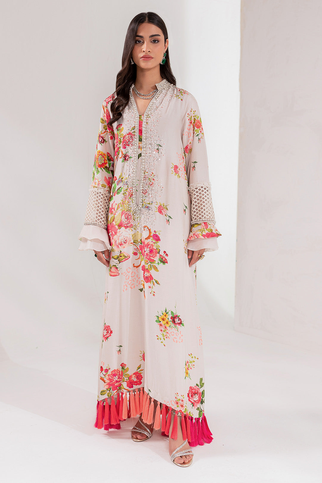Pearly White Floral Embellished Georgette Kaftan (2-Piece) - Image 1