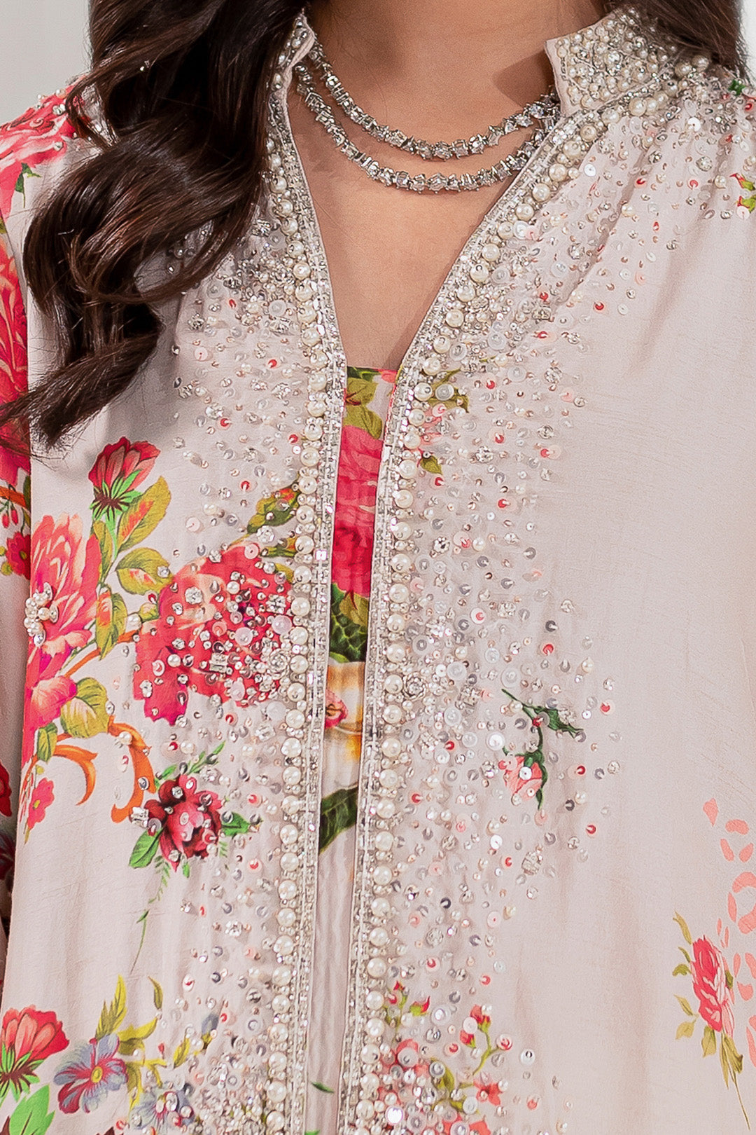 Pearly White Floral Embellished Georgette Kaftan (2-Piece) - Image 5