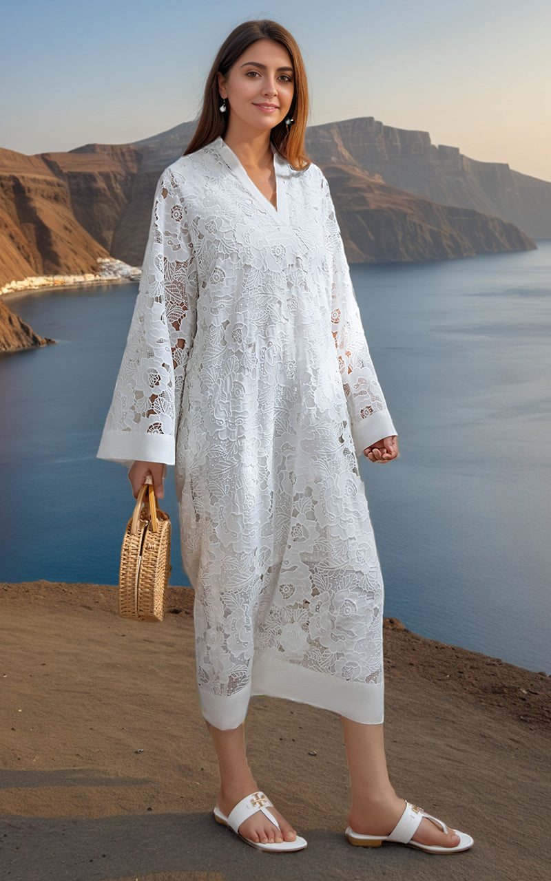 Pakistani White Cutwork Embroidered Lace Kaftan (1-Pc) - Image 1