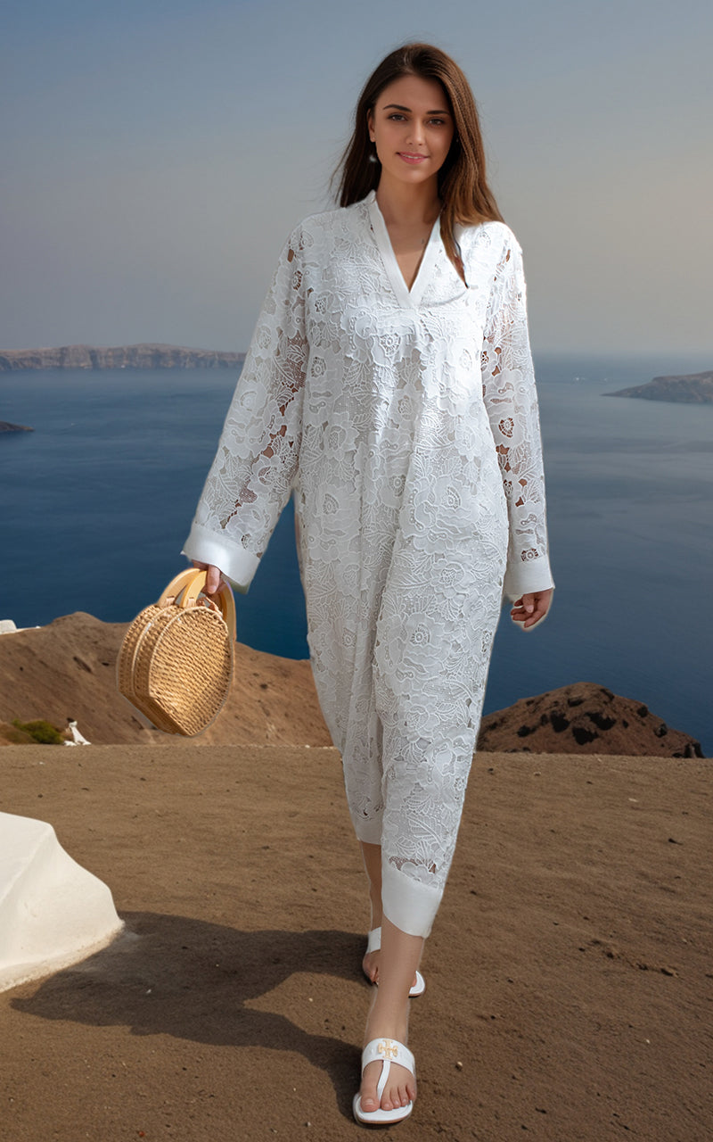 Pakistani White Cutwork Embroidered Lace Kaftan (1-Pc) - Image 2