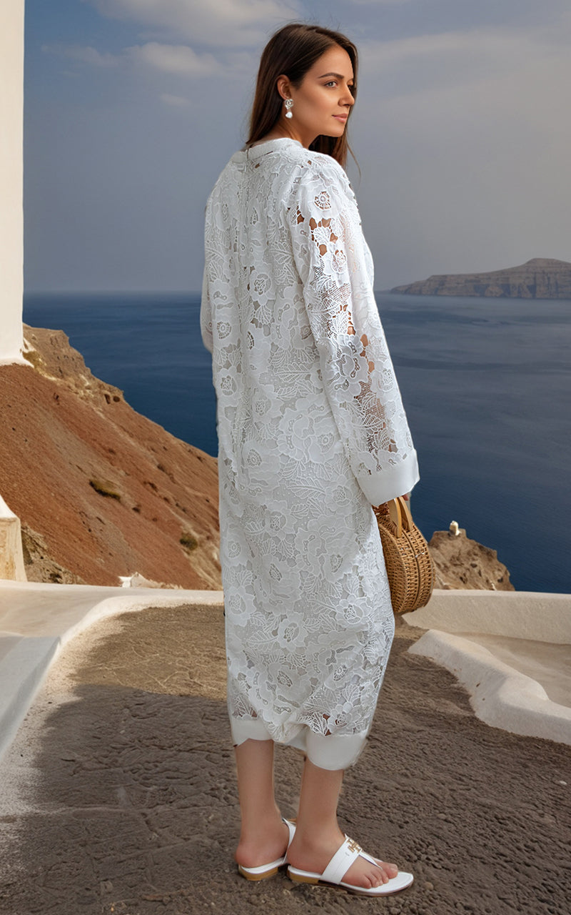 Pakistani White Cutwork Embroidered Lace Kaftan (1-Pc) - Image 5