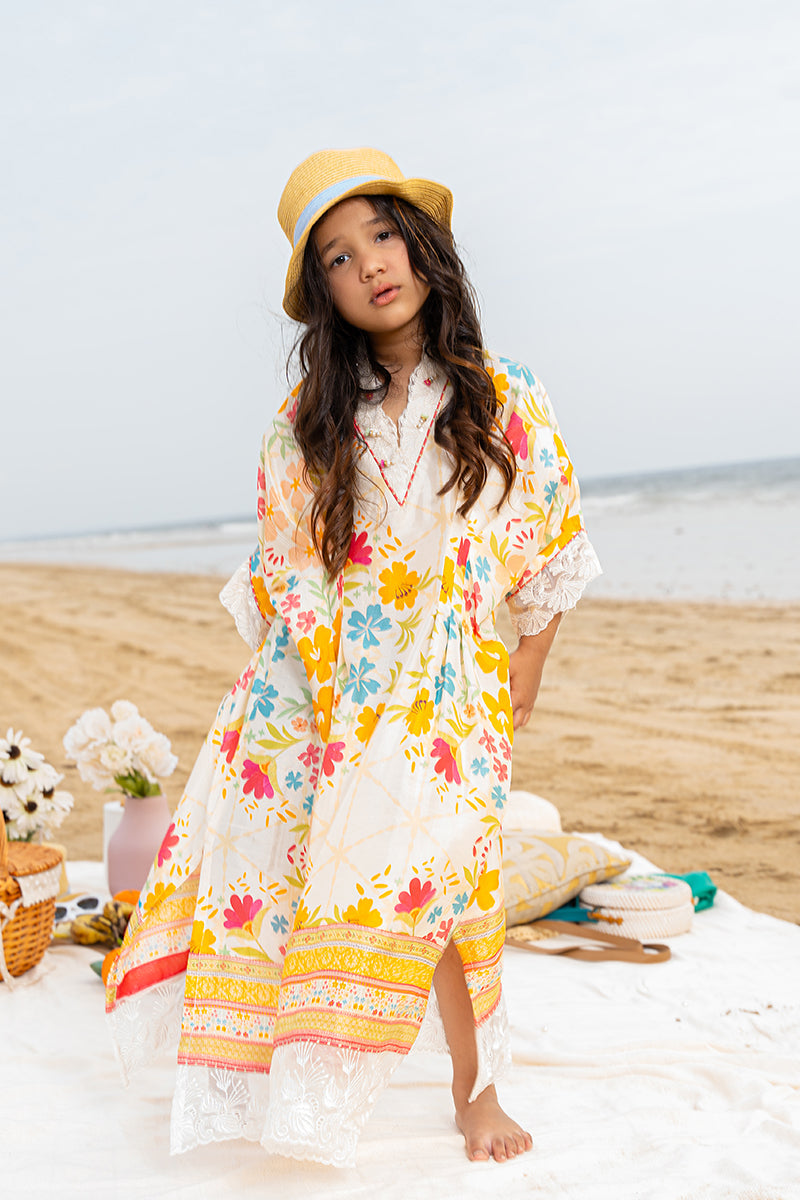 Pakistani White Printed Pure Raw Silk Kaftan (1-Pc) - Image 1