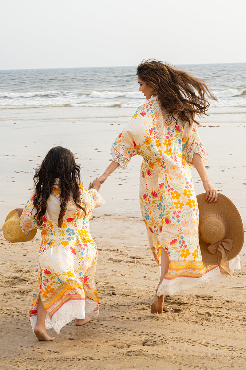 Pakistani White Printed Silk Kaftan with Lace & Embroidery (1-Pc) - Image 13