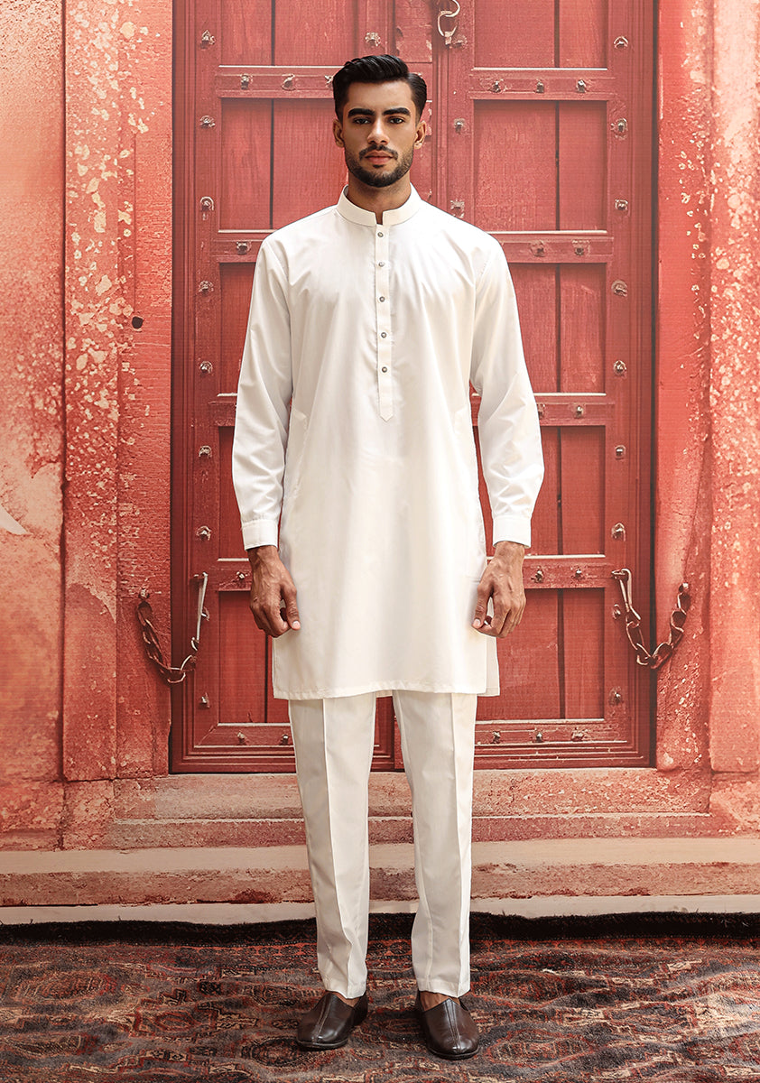 White Poly Viscose Slim Fit Kurta Pajama (2-Piece) - Image 1