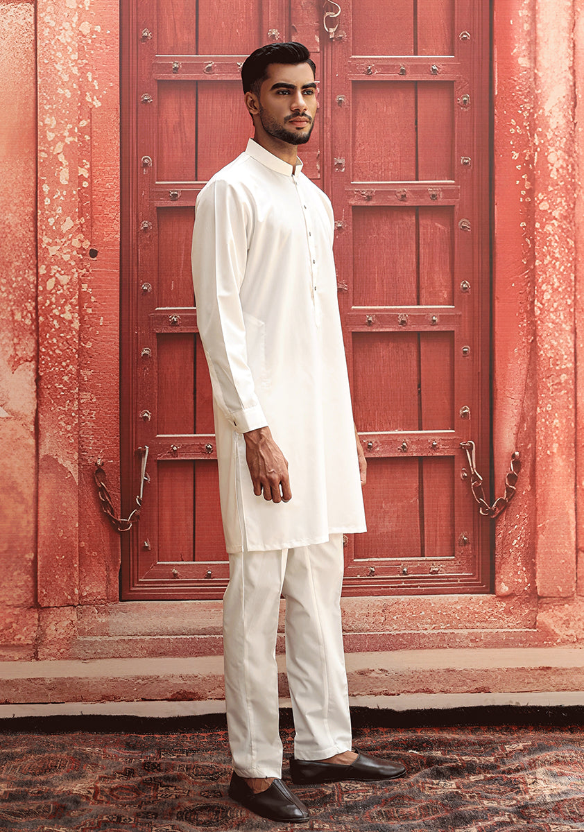 White Poly Viscose Slim Fit Kurta Pajama (2-Piece) - Image 2
