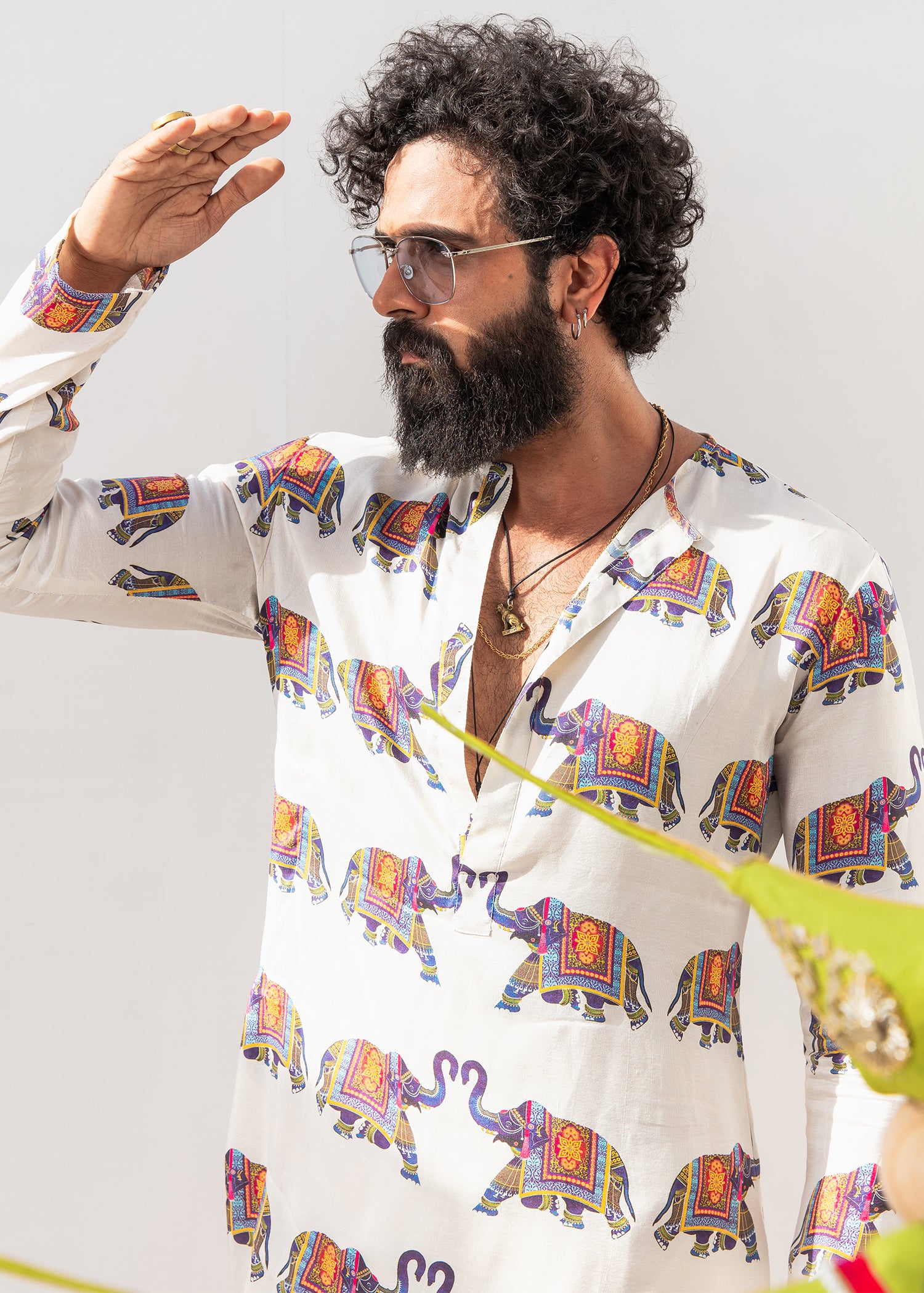 White Elephant Print Raw Silk Kurta (2-Piece) - Image 2