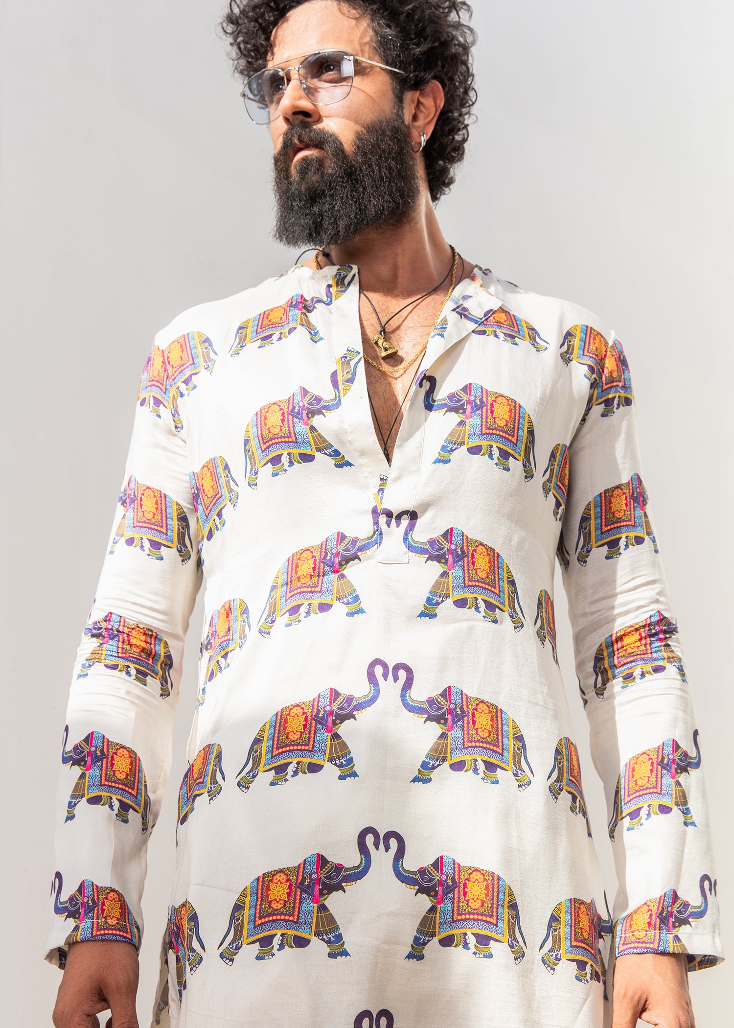 White Elephant Print Raw Silk Kurta (2-Piece) - Image 3