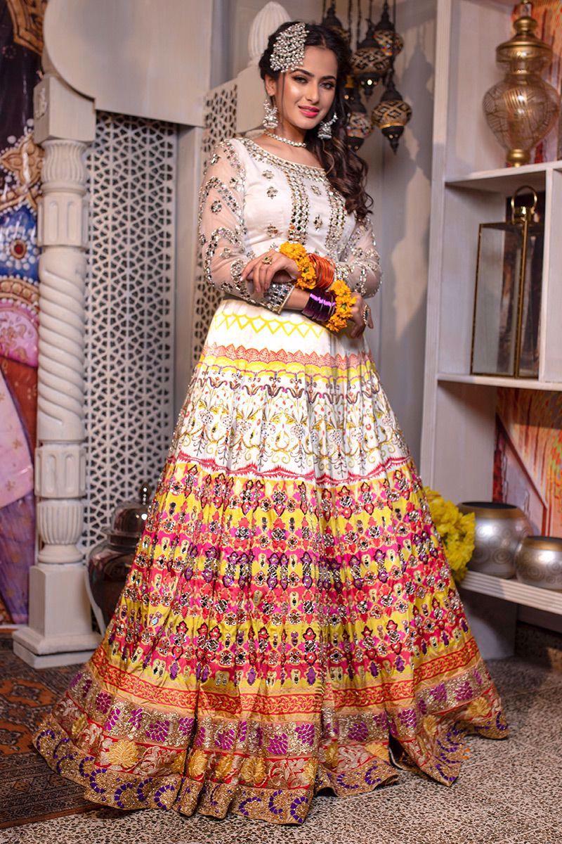 White Sheesha Organza Top & Multicolour Silk Lehenga (3-Piece) - Image 2