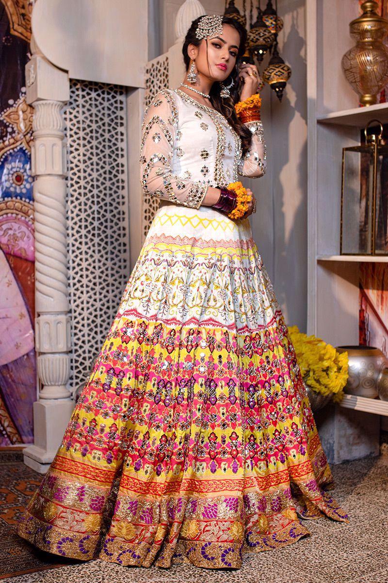 White Sheesha Organza Top & Multicolour Silk Lehenga (3-Piece) - Image 3