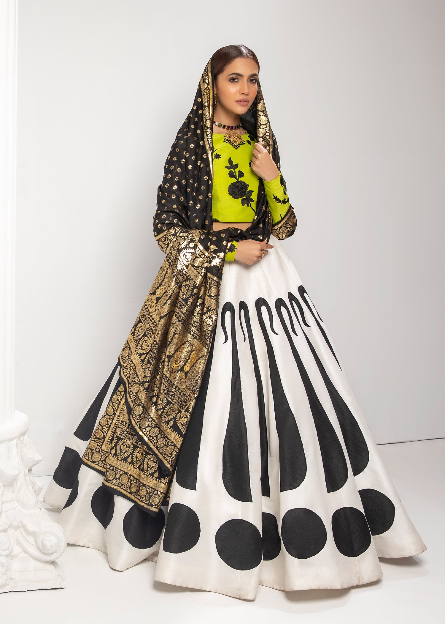 Pakistani White & Black Raw Silk Lehenga with Dhani Green Choli (3-Piece) - Image 1