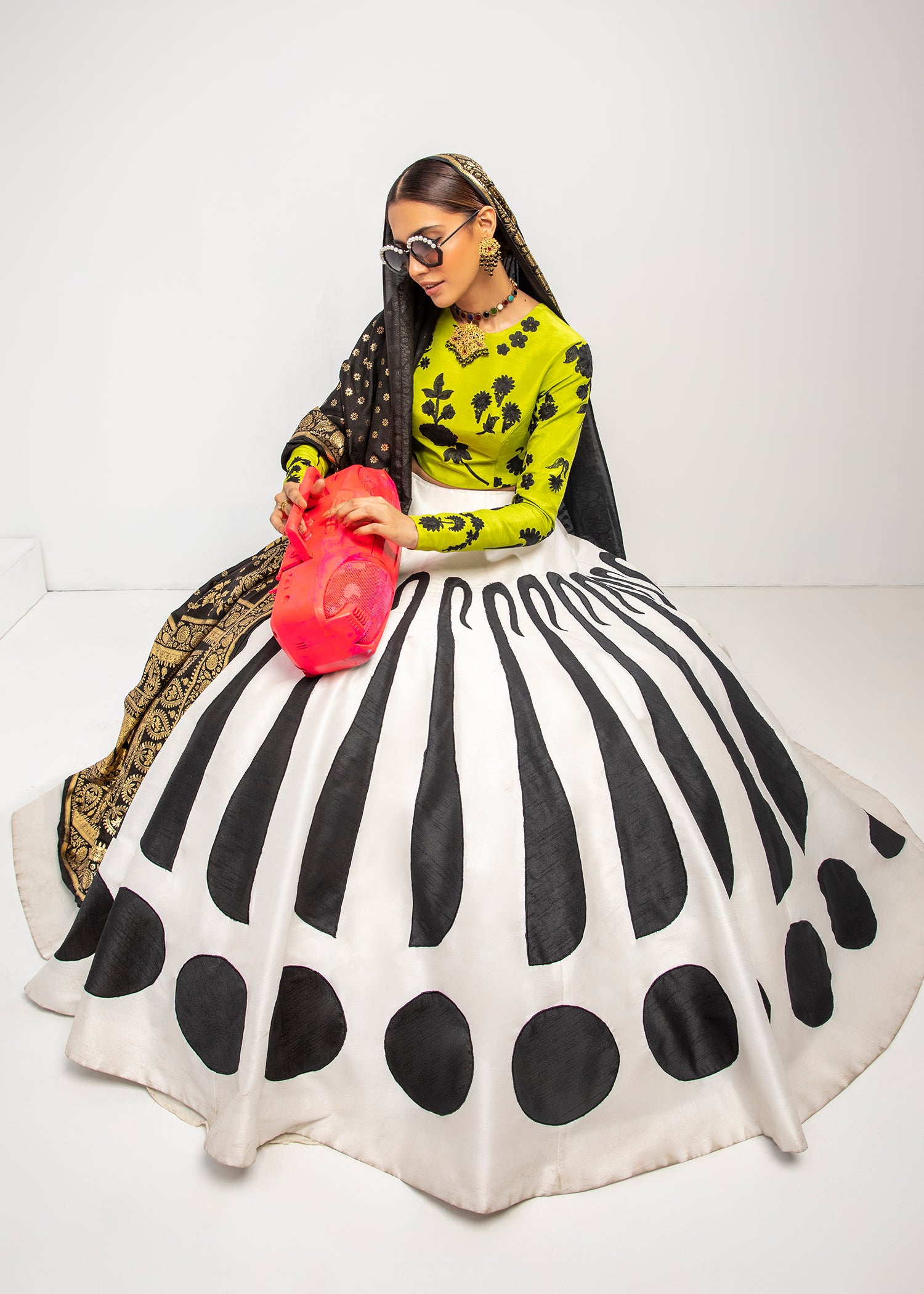 Pakistani White & Black Raw Silk Lehenga with Dhani Green Choli (3-Piece) - Image 3