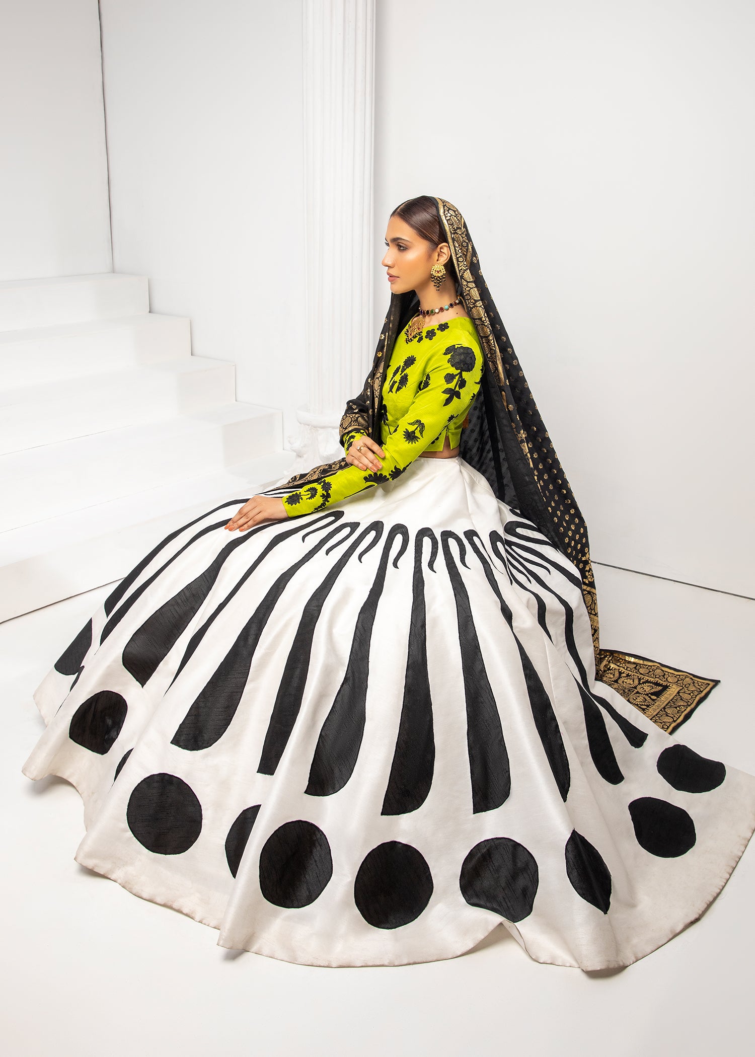 Pakistani White & Black Raw Silk Lehenga with Dhani Green Choli (3-Piece) - Image 6