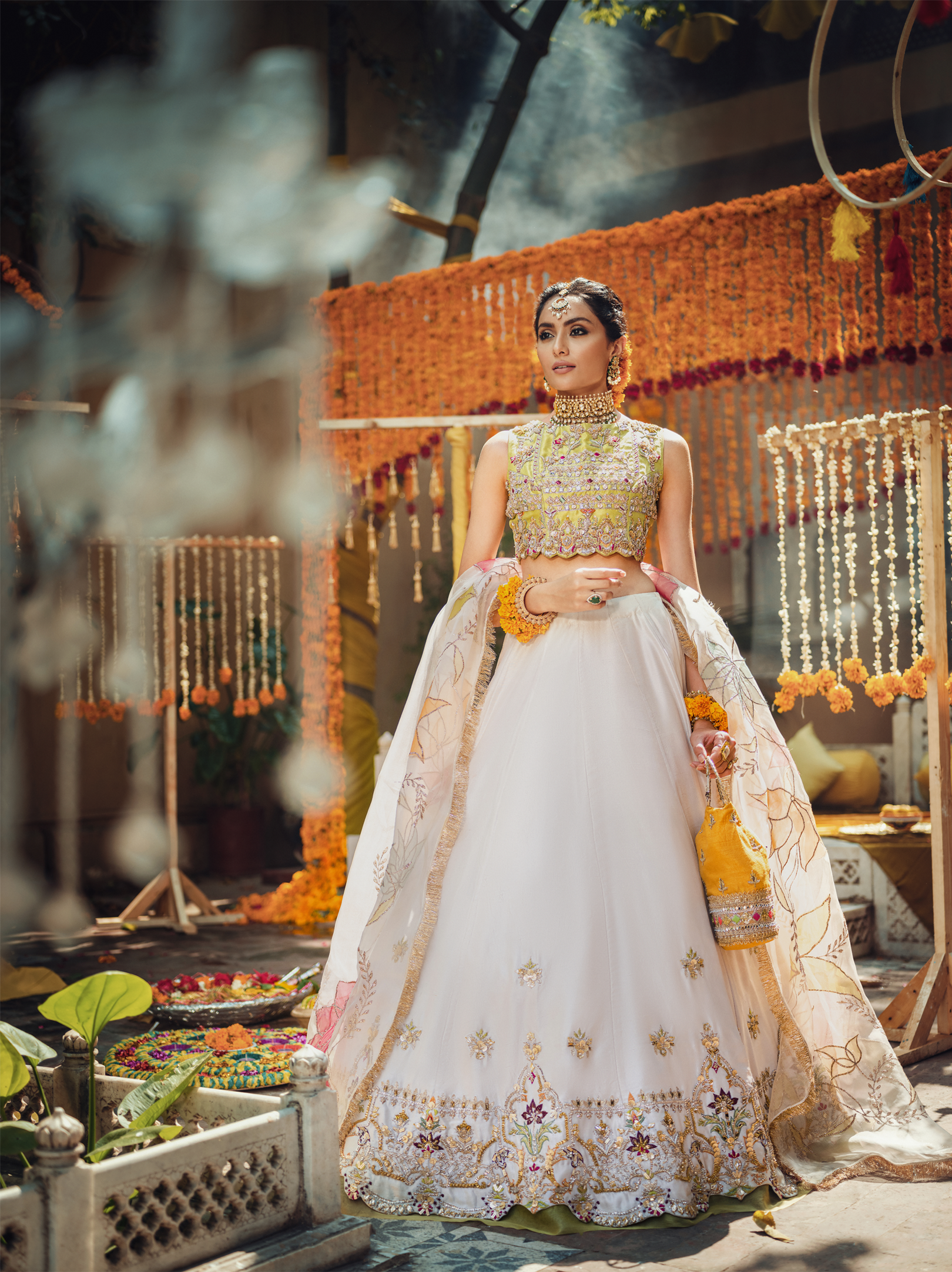 White Green Embroidered Raw Silk Lehenga (3-Piece) - Image 2