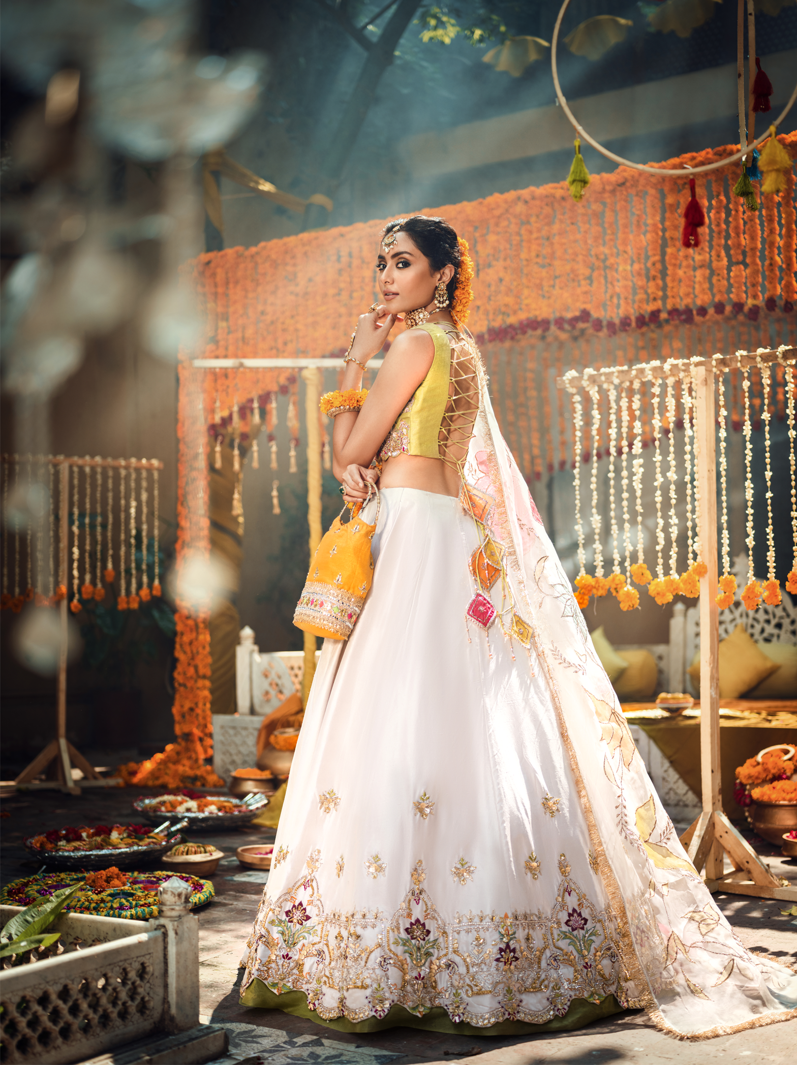 White Green Embroidered Raw Silk Lehenga (3-Piece) - Image 3