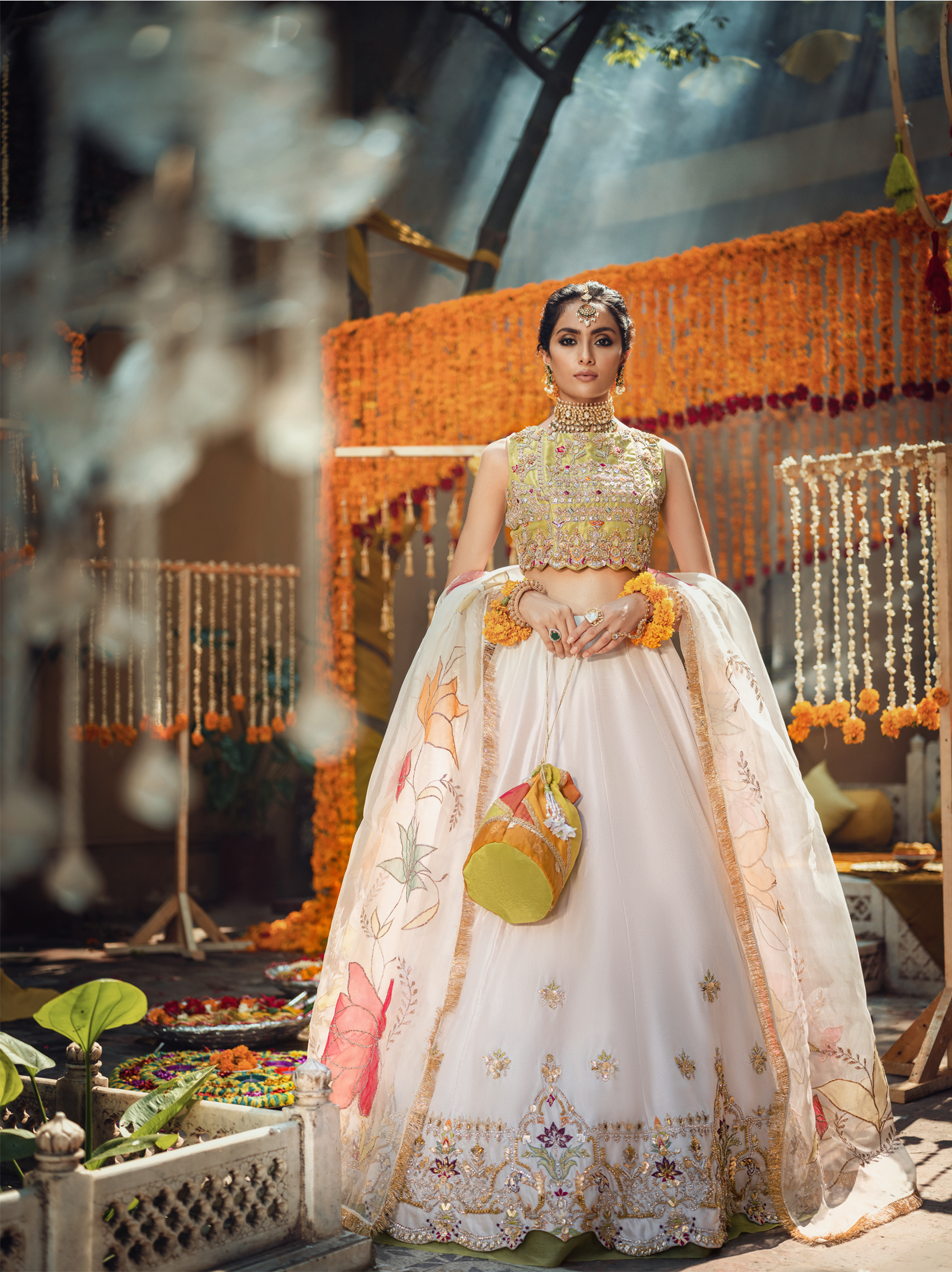 White Green Embroidered Raw Silk Lehenga (3-Piece) - Image 4