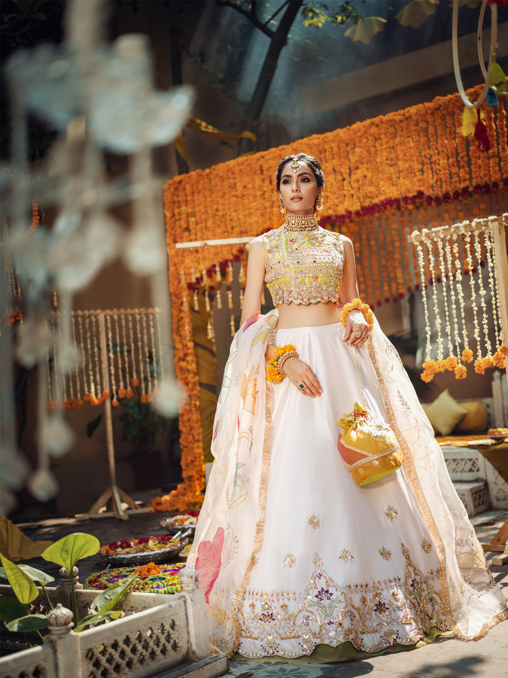 White Green Embroidered Raw Silk Lehenga (3-Piece) - Image 5