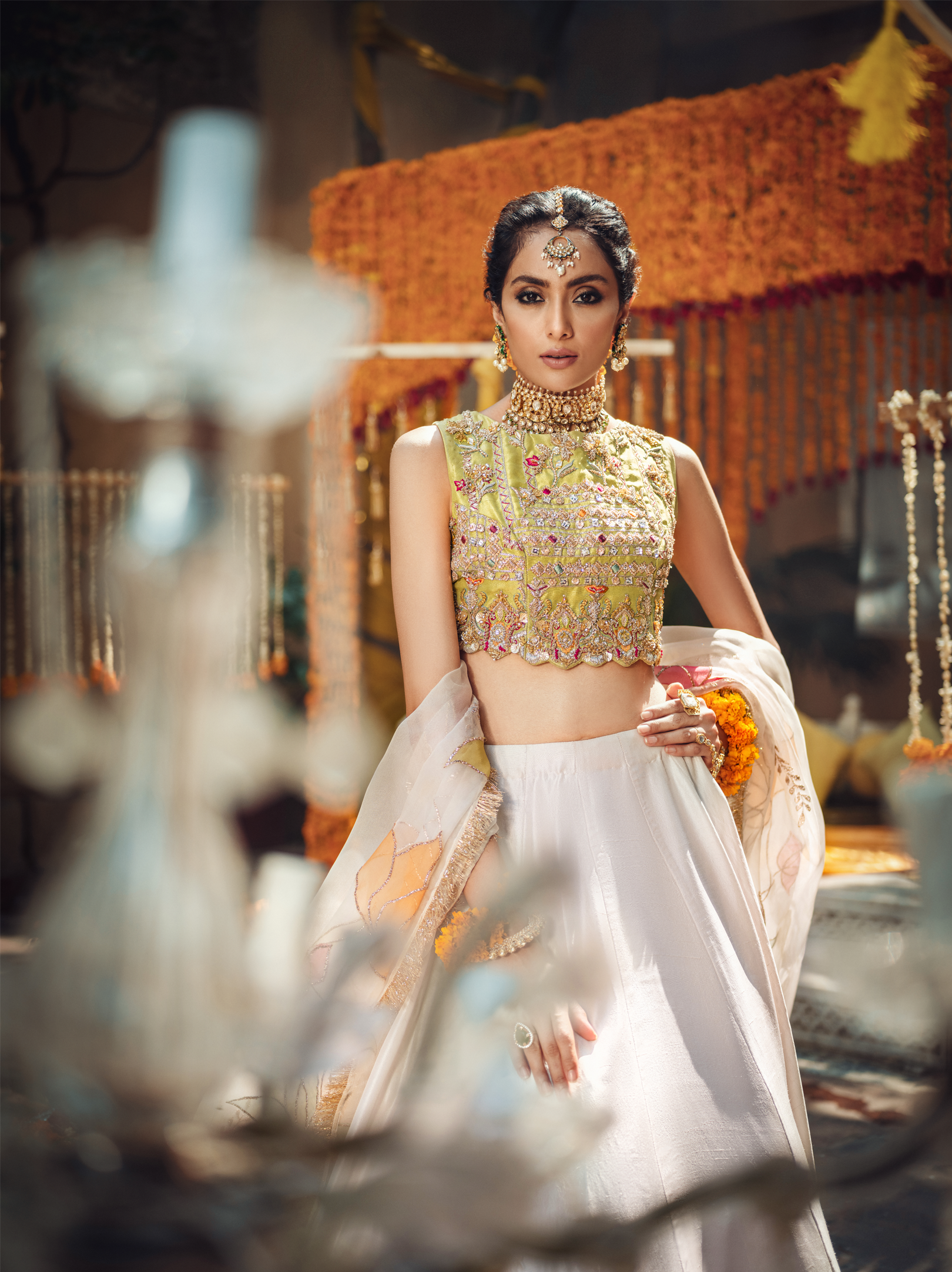 White Green Embroidered Raw Silk Lehenga (3-Piece) - Image 6