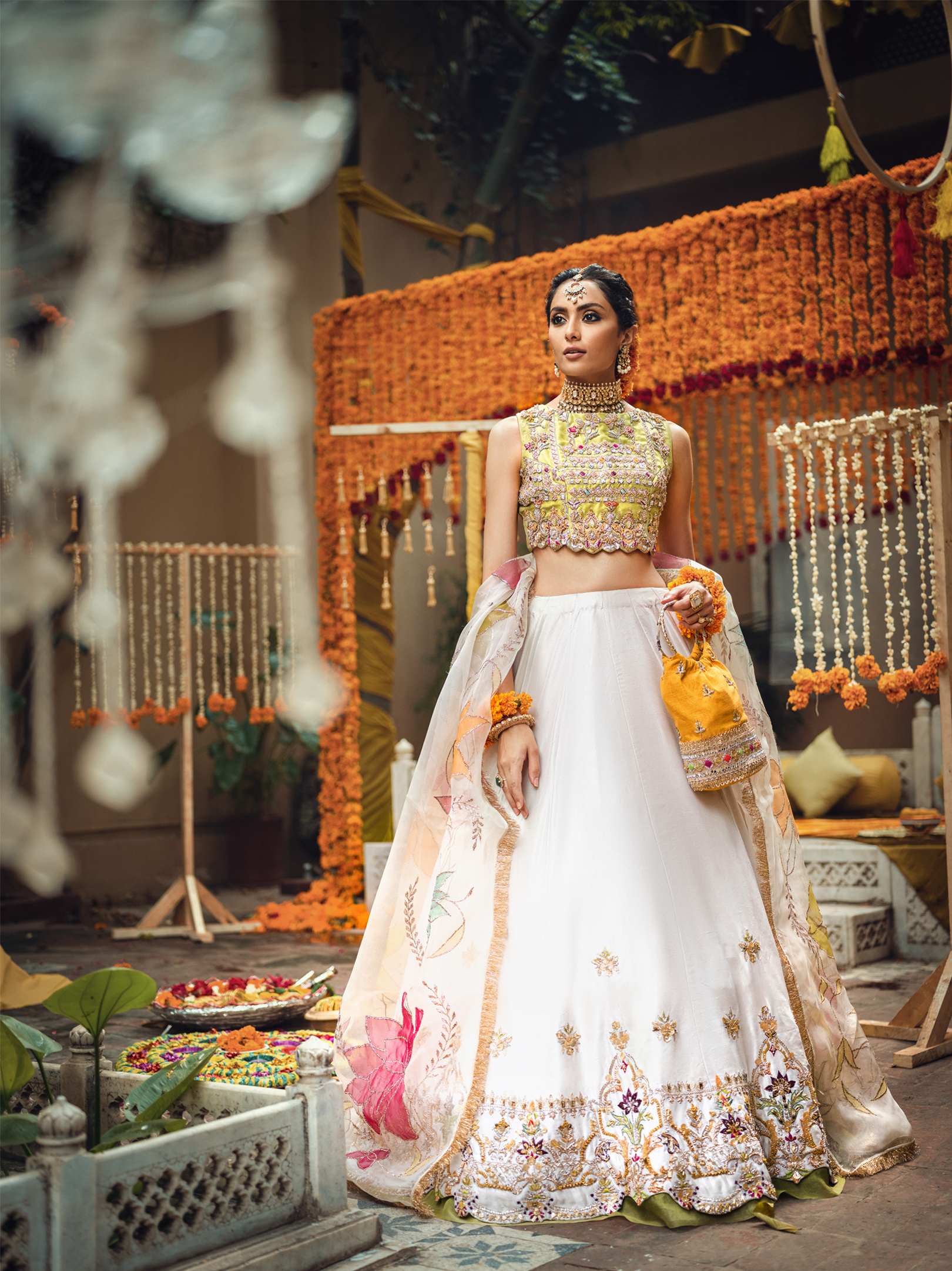 Pakistani White Embroidered Raw Silk Lehenga (3-Piece) - Image 1