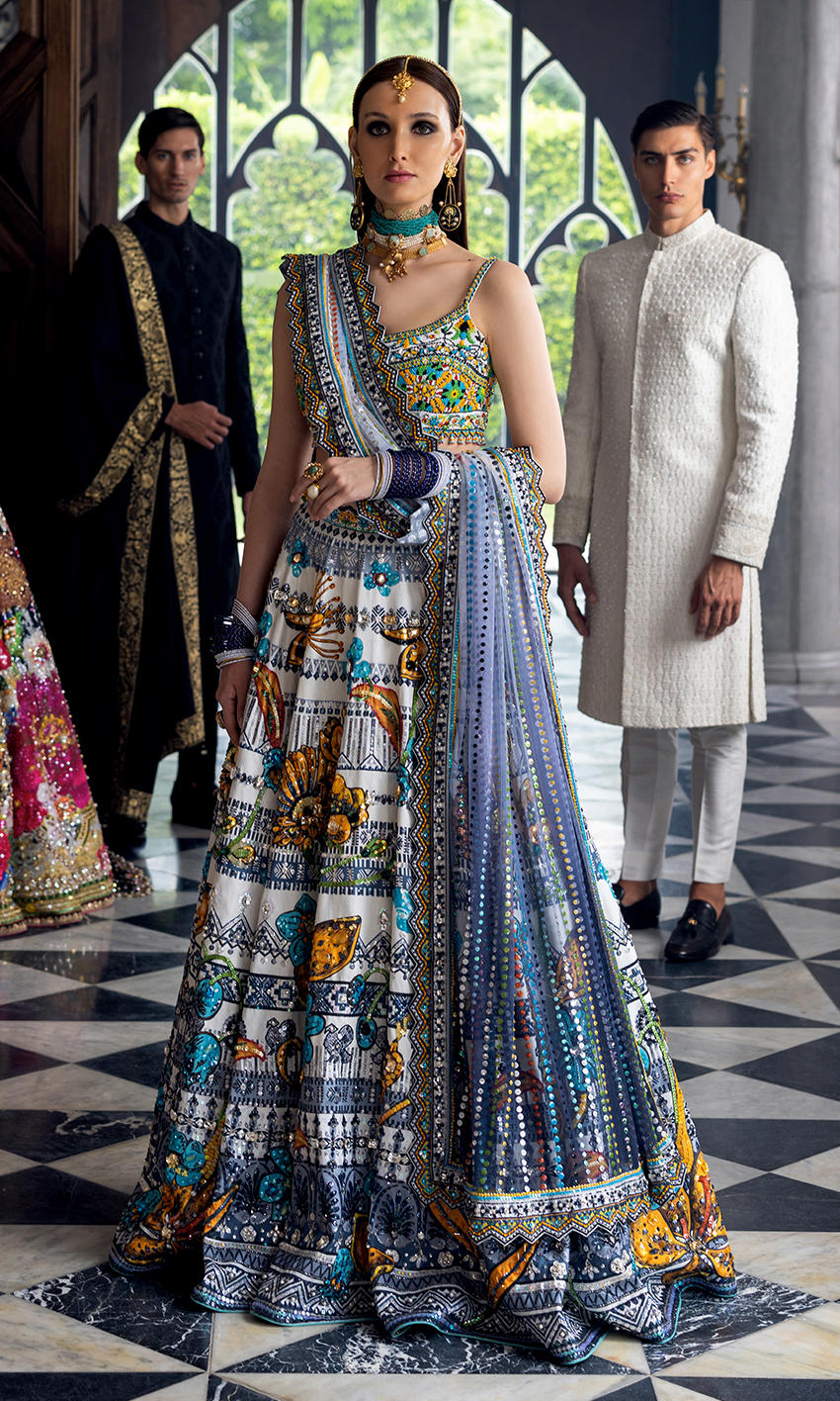 Pakistani White & Blue Ceramic Beaded Tulle Lehenga Choli (3-Piece) - Image 1