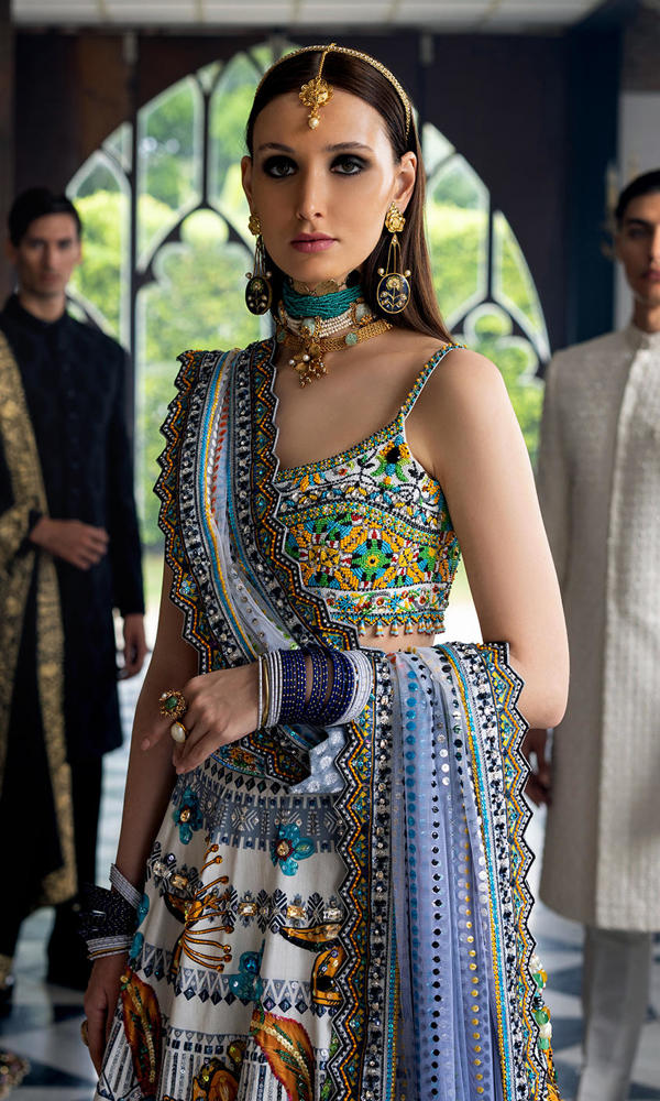 Pakistani White & Blue Ceramic Beaded Tulle Lehenga Choli (3-Piece) - Image 3