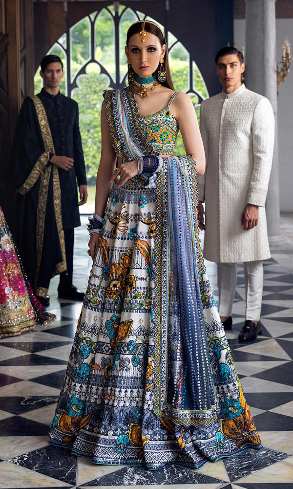 Pakistani White & Blue Ceramic Beaded Tulle Lehenga Choli (3-Piece) - Image 5