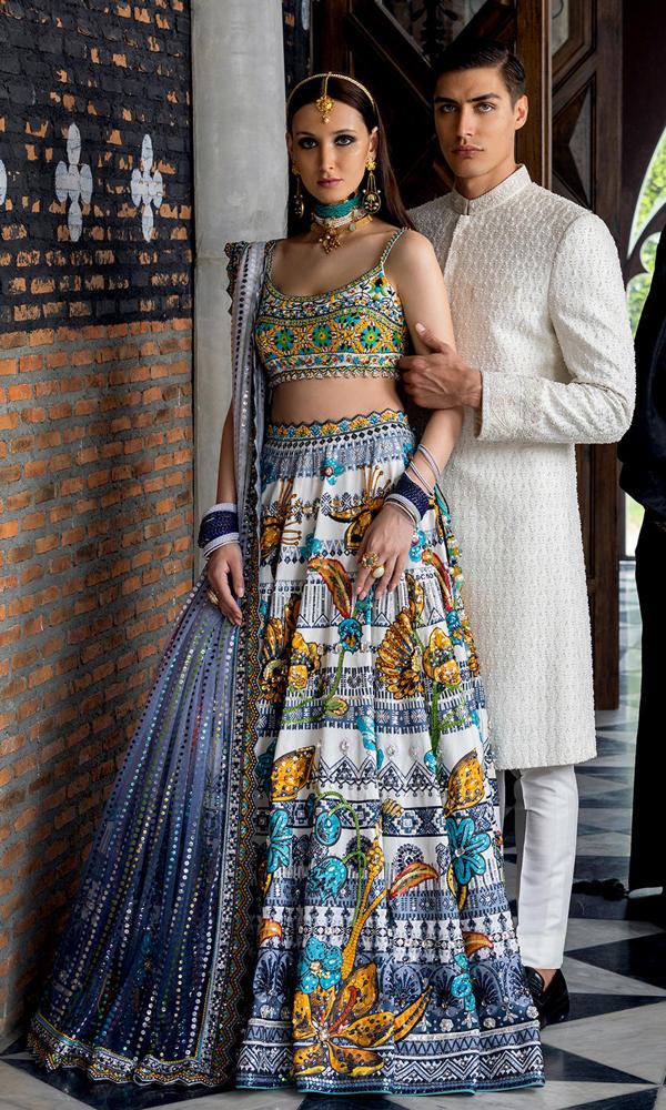 Pakistani White & Blue Ceramic Beaded Tulle Lehenga Choli (3-Piece) - Image 6