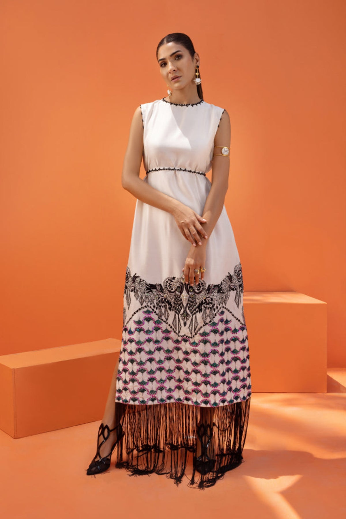 Pearl White Hand-Embellished Crepe Maxi Dress (1-Pc) - Image 1