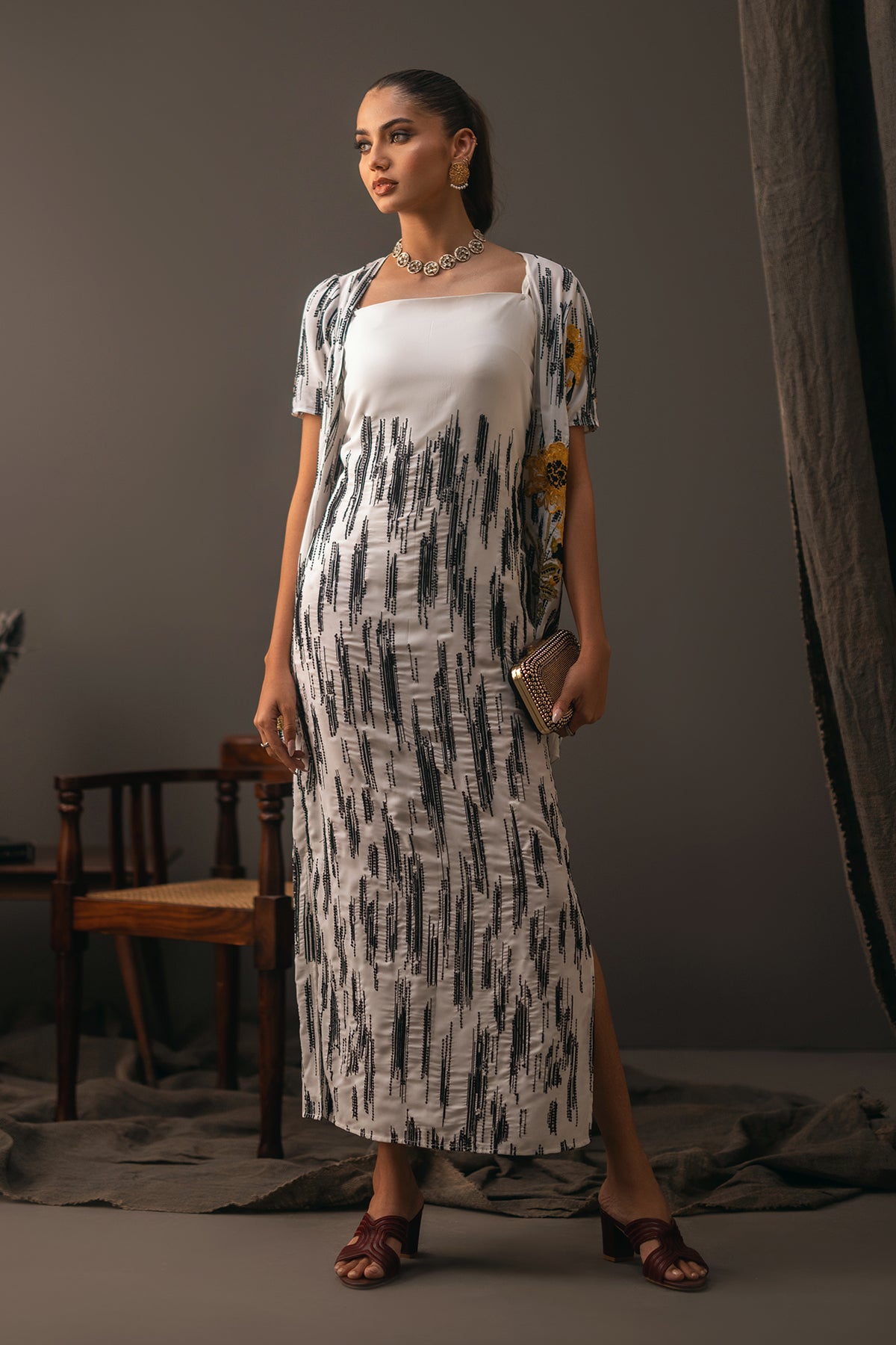 White Printed Georgette Sarong Maxi Dress (2-Piece) - Image 1
