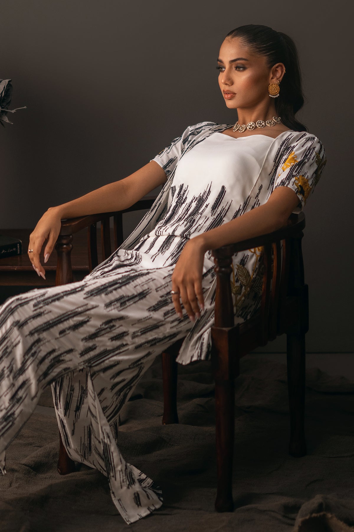 White Printed Georgette Sarong Maxi Dress (2-Piece) - Image 2