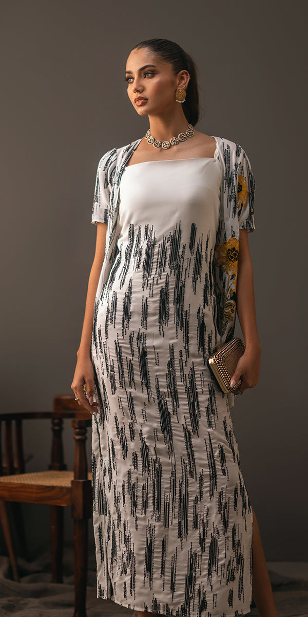 White Printed Georgette Sarong Maxi Dress (2-Piece) - Image 5