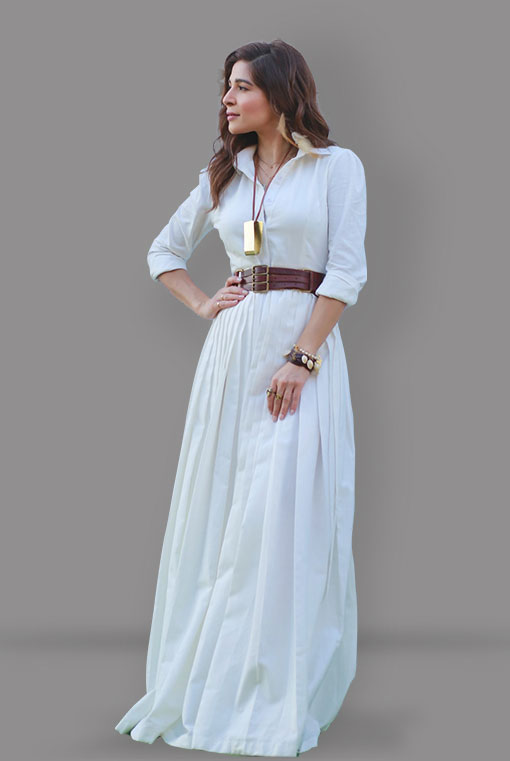 Pakistani White Pleated Irish Cotton Shirt Dress (1-Pc) - Image 2