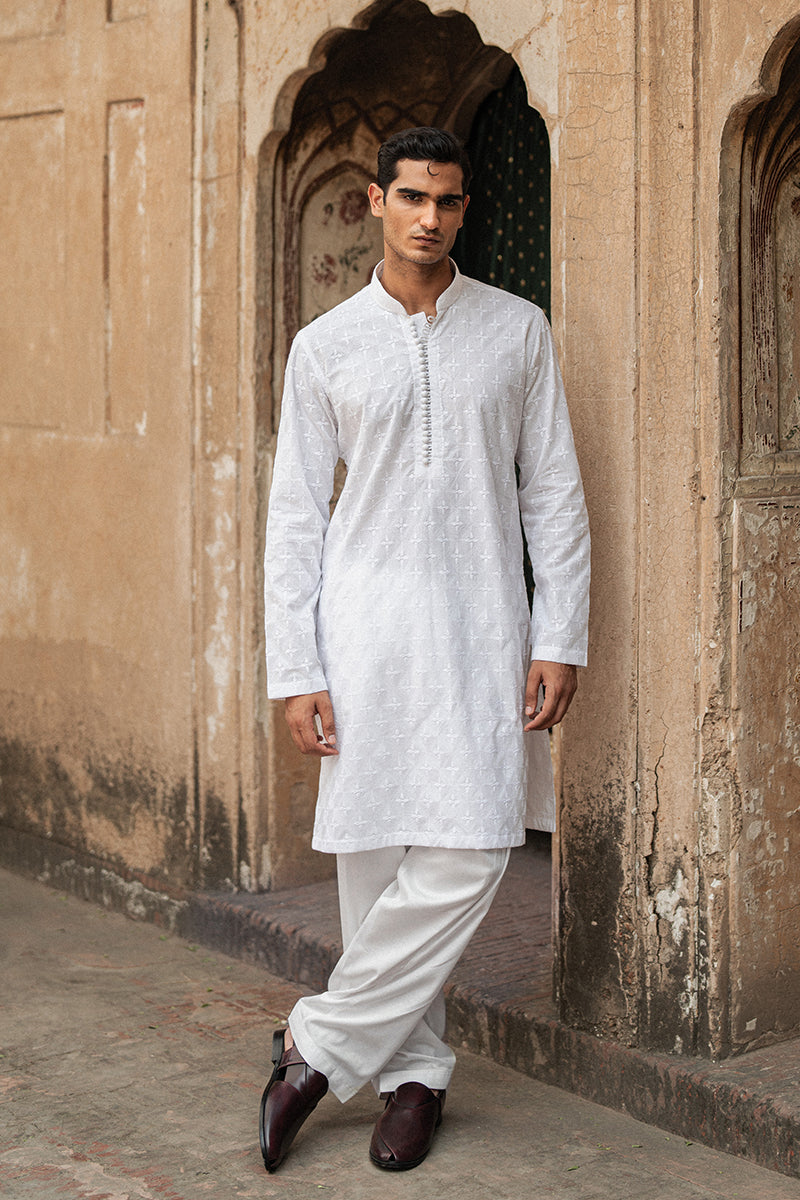 White Chikankari Embroidered Cotton Kurta (2-Piece) - Image 2