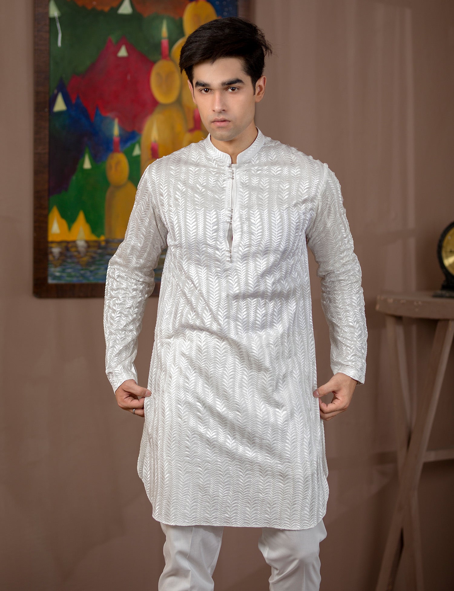 White Embroidered Cotton Kurta Set (2-Piece) - Image 5
