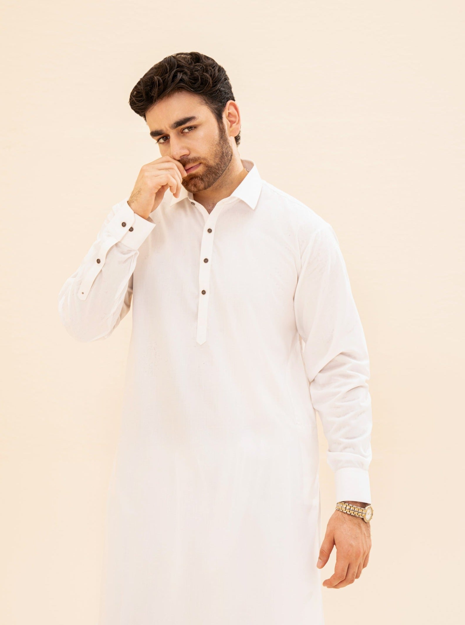 Off White Blended Fabric French Collar Kameez Shalwar (2-Piece) - Image 1