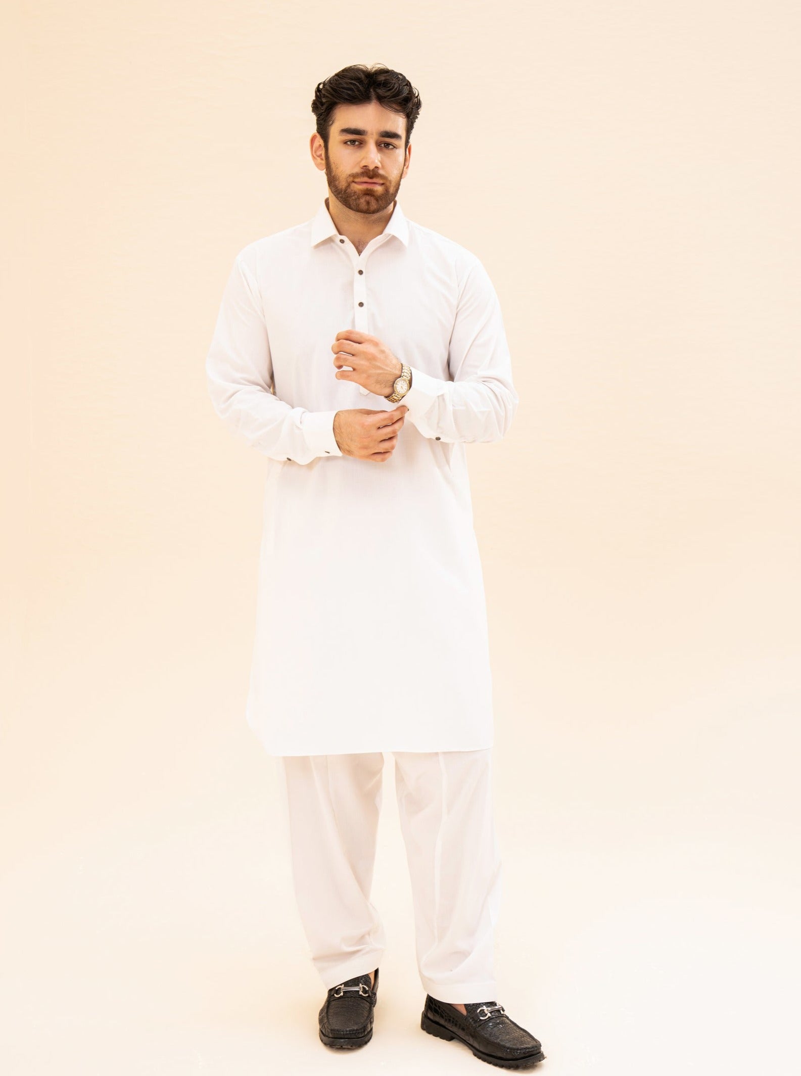 Off White Blended Fabric French Collar Kameez Shalwar (2-Piece) - Image 2