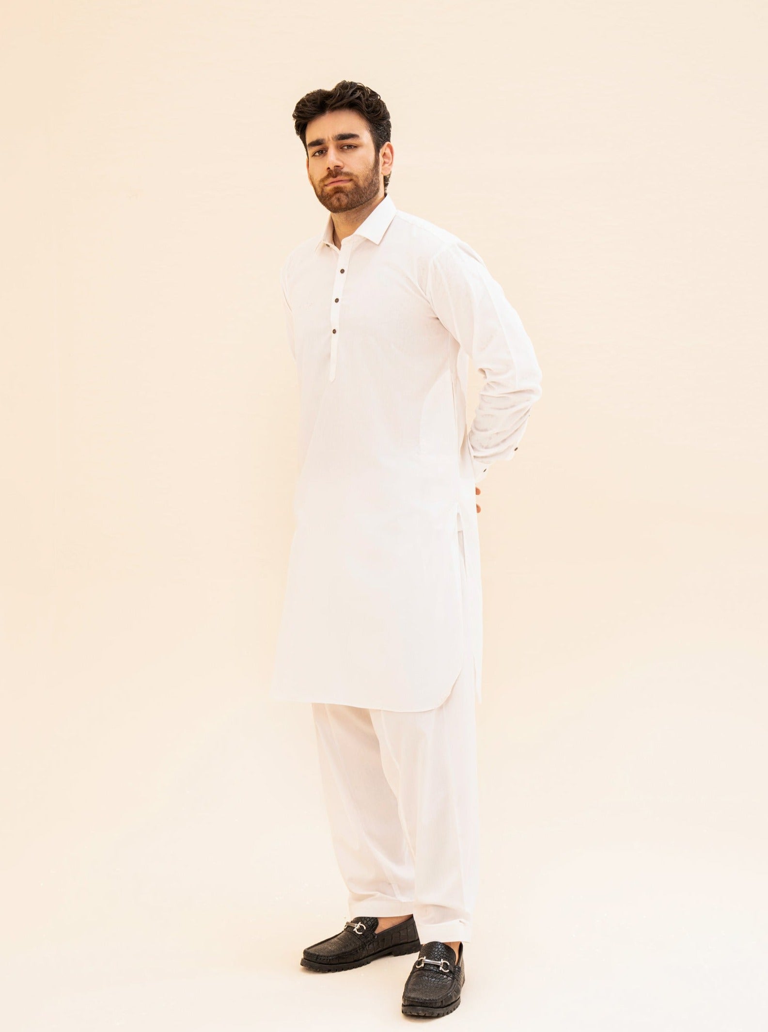 Off White Blended Fabric French Collar Kameez Shalwar (2-Piece) - Image 3